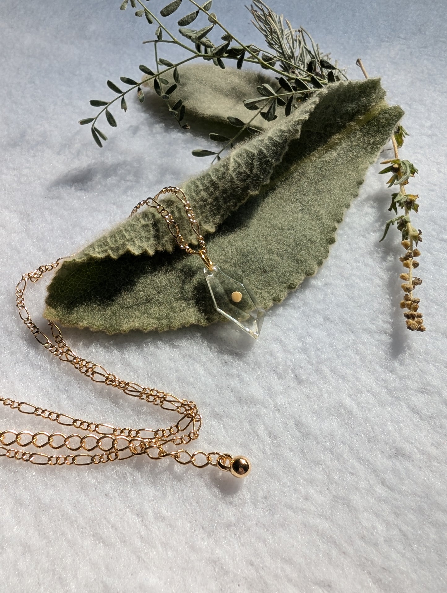 Crystal shaped pendant with real mustard seed with gold chain