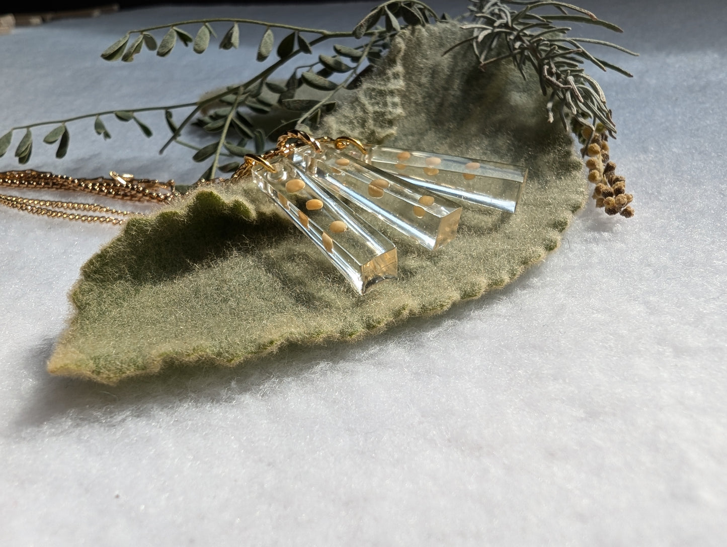 Rectangular shaped pendant with 3 mustard seeds on dainty gold chain