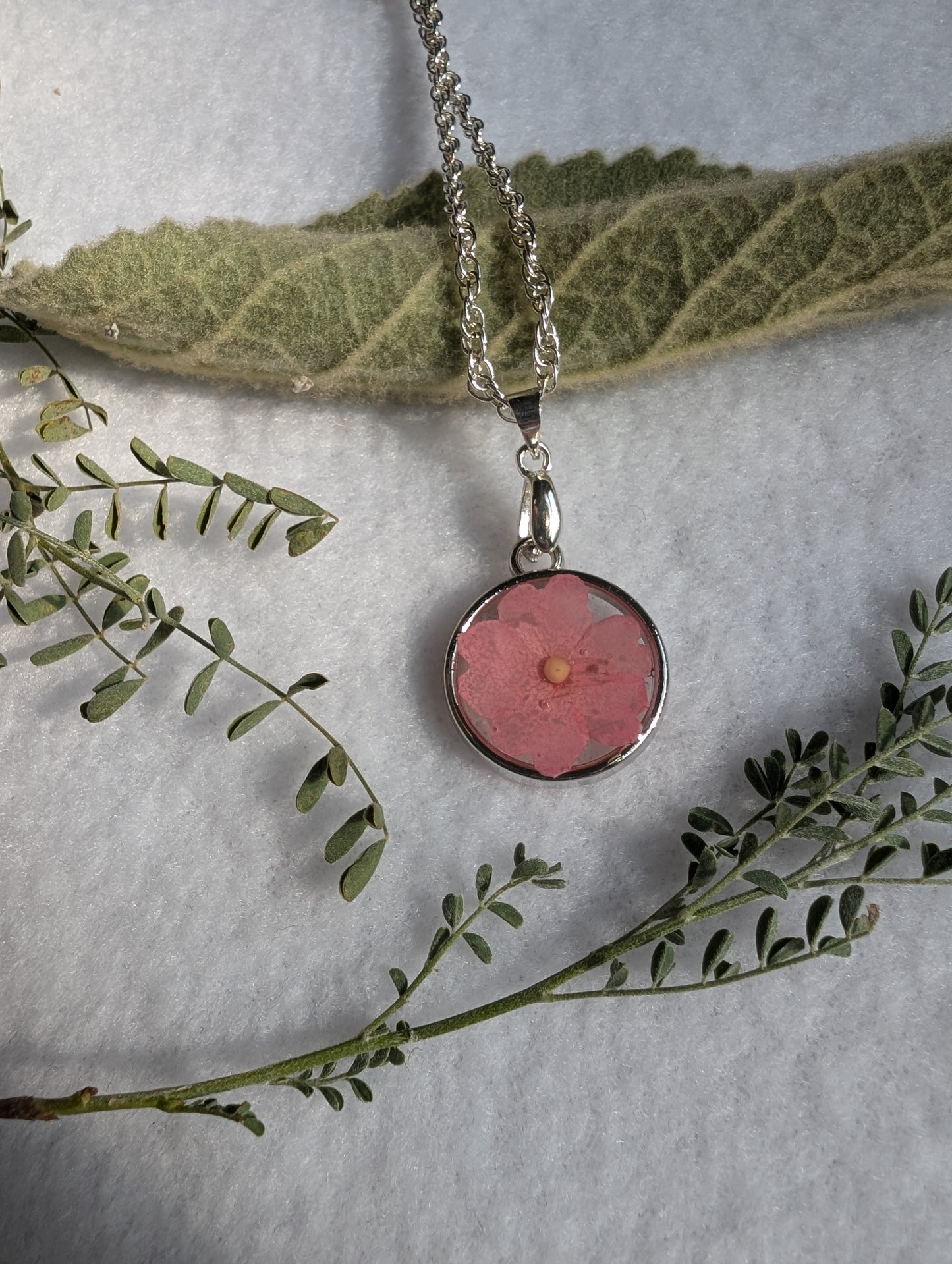 Pink flower mustard seed necklace with long silver chain