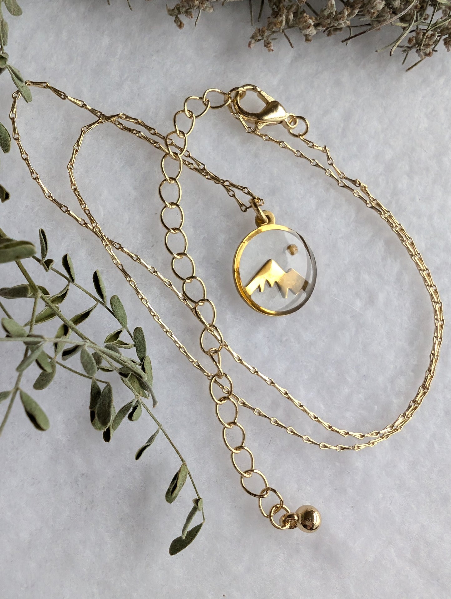 Gold mountain mustard seed necklace with dainty chain
