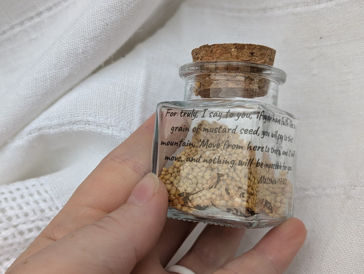 Mountain Scene & Verse glass jar filled with real mustard seeds
