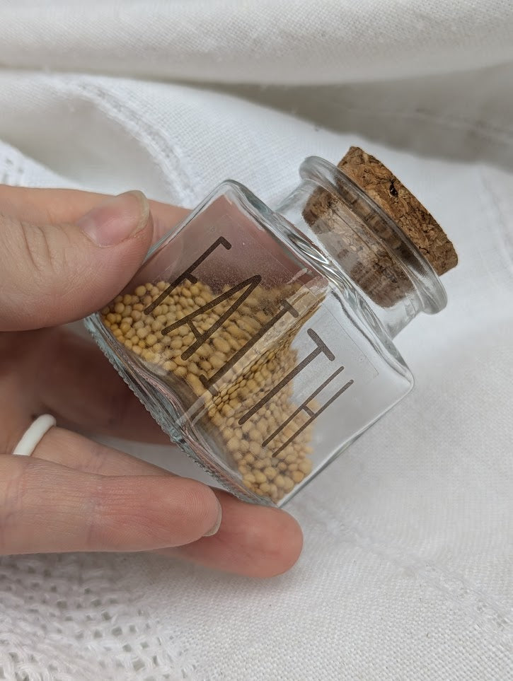 FAITH Glass jar filled with real mustard seeds