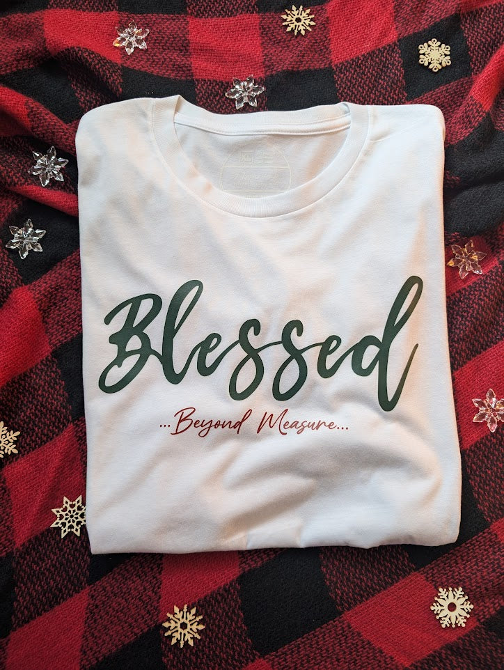 SALE Green and Red Blessed Beyond Measure design on a white XL T Shirt