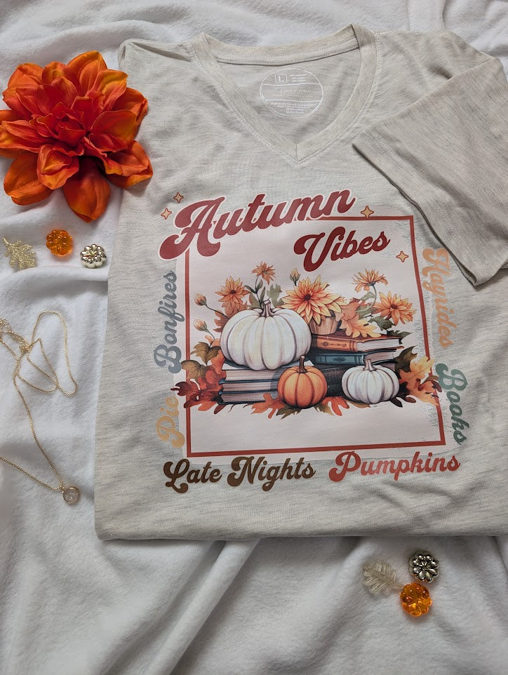CLEARANCE Autumn Vibes oatmeal colored V neck Large T Shirt