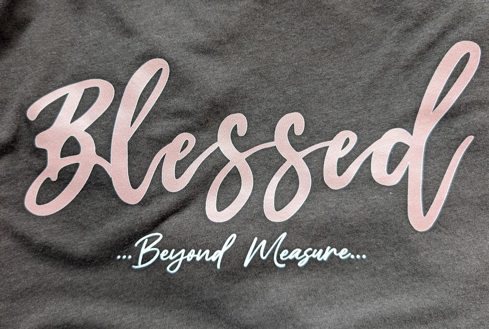 Pink Blessed Beyond Measure design on an espresso size Large T shirt