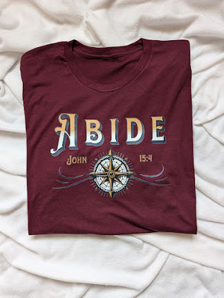 Abide John 15:4 design on a maroon size XL T shirt