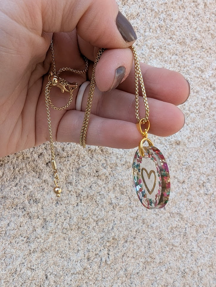 Heart/ love multicolored necklace with gold colored adjustable chain