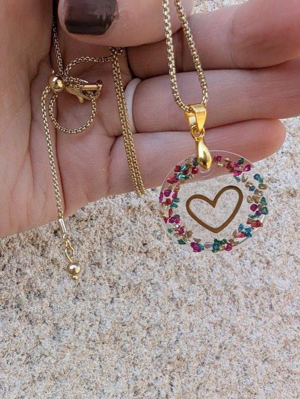 Heart/ love multicolored necklace with gold colored adjustable chain