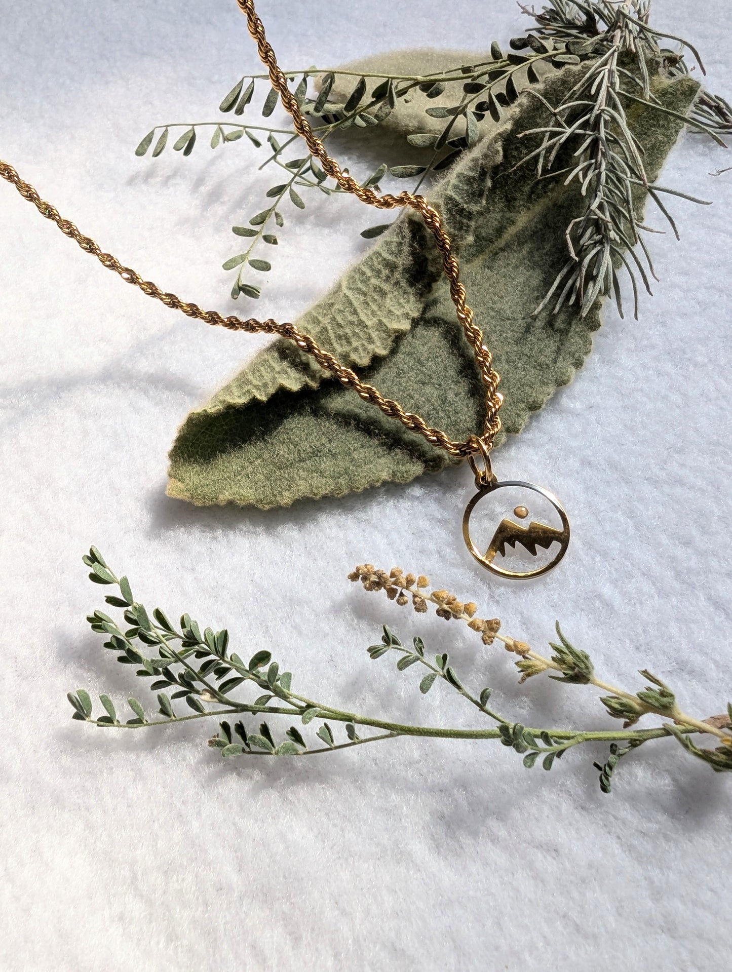 Gold mountain mustard seed pendant with gold plated rope chain