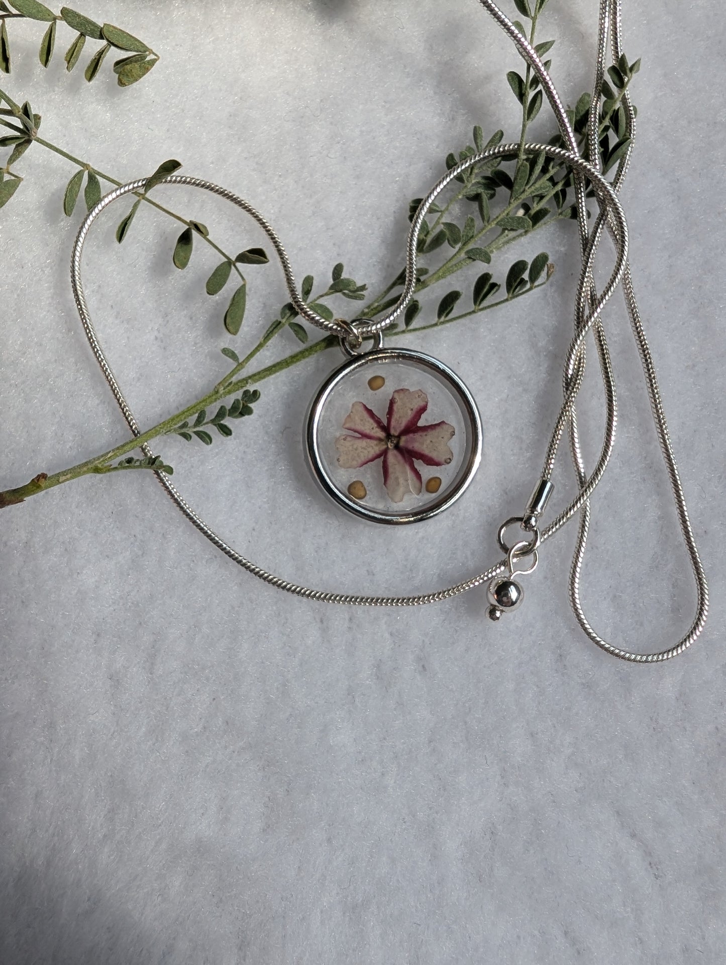 Silver mustard seed necklace with real burgundy and white flower on an adjustable silver chain