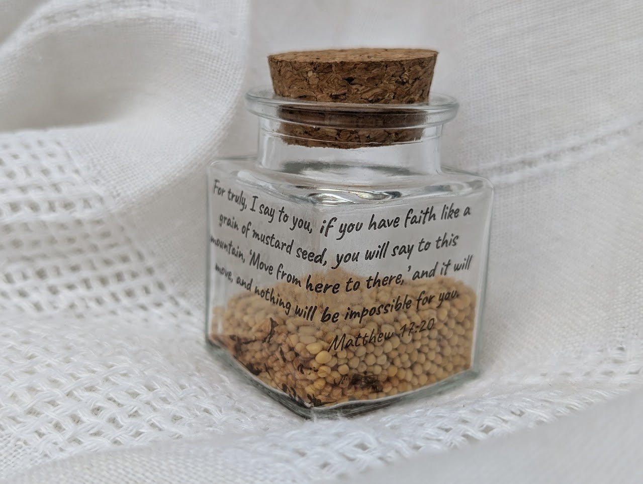 Mountain Scene & Verse glass jar filled with real mustard seeds