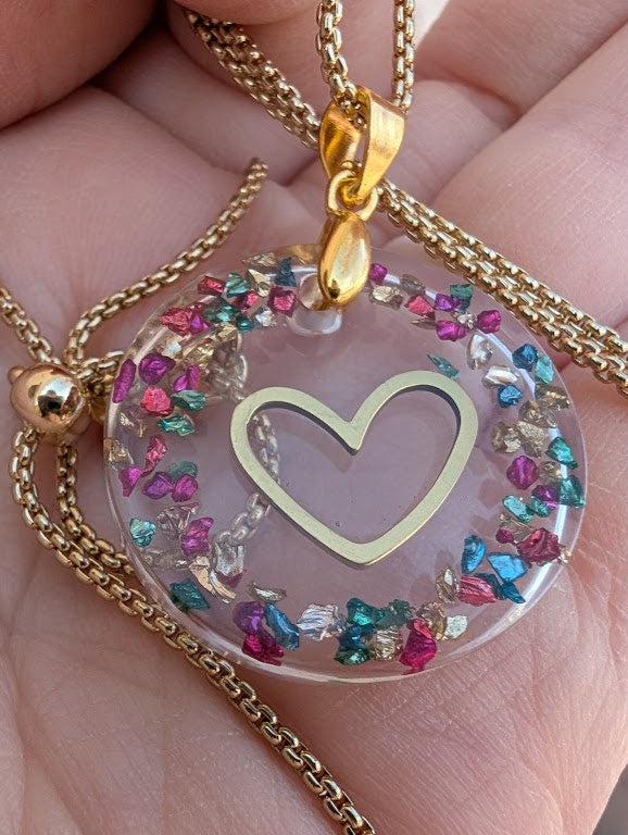 Heart/ love multicolored necklace with gold colored adjustable chain